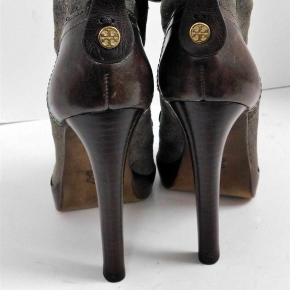 Tory Burch Lawson Bootie Pewter Brown‎ Leather Platform Stiletto Ankle Boots 7 M - Picture 5 of 7